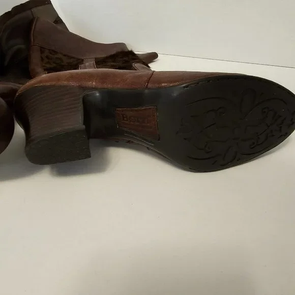 Born Brown Boots Knee High Zip Leopard Print Pony Hair Women Size 9 1/2 - Picture 9 of 16